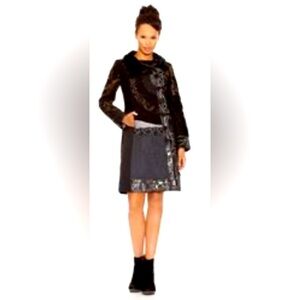 DESIGUAL Sz L Vintage Mixed Media Metallic Lace Faux Fur Funnel Neck Coat Jacket